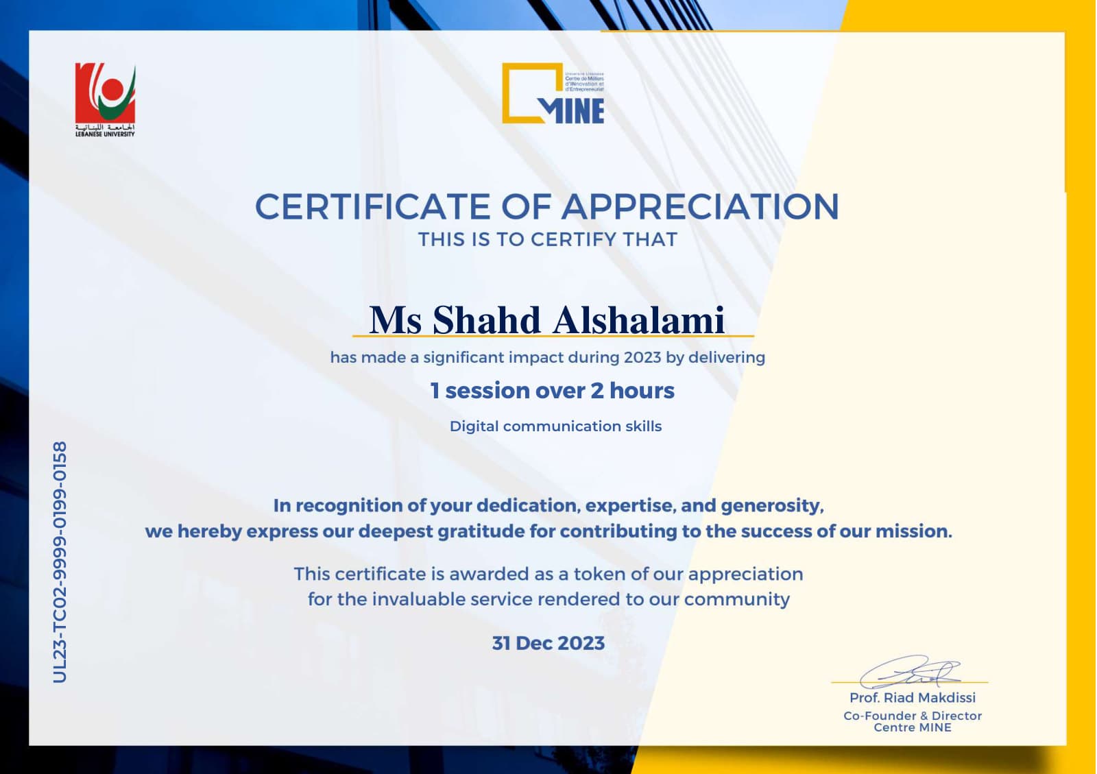 Certificate of Appreciation — centreMINE × Lebanese University