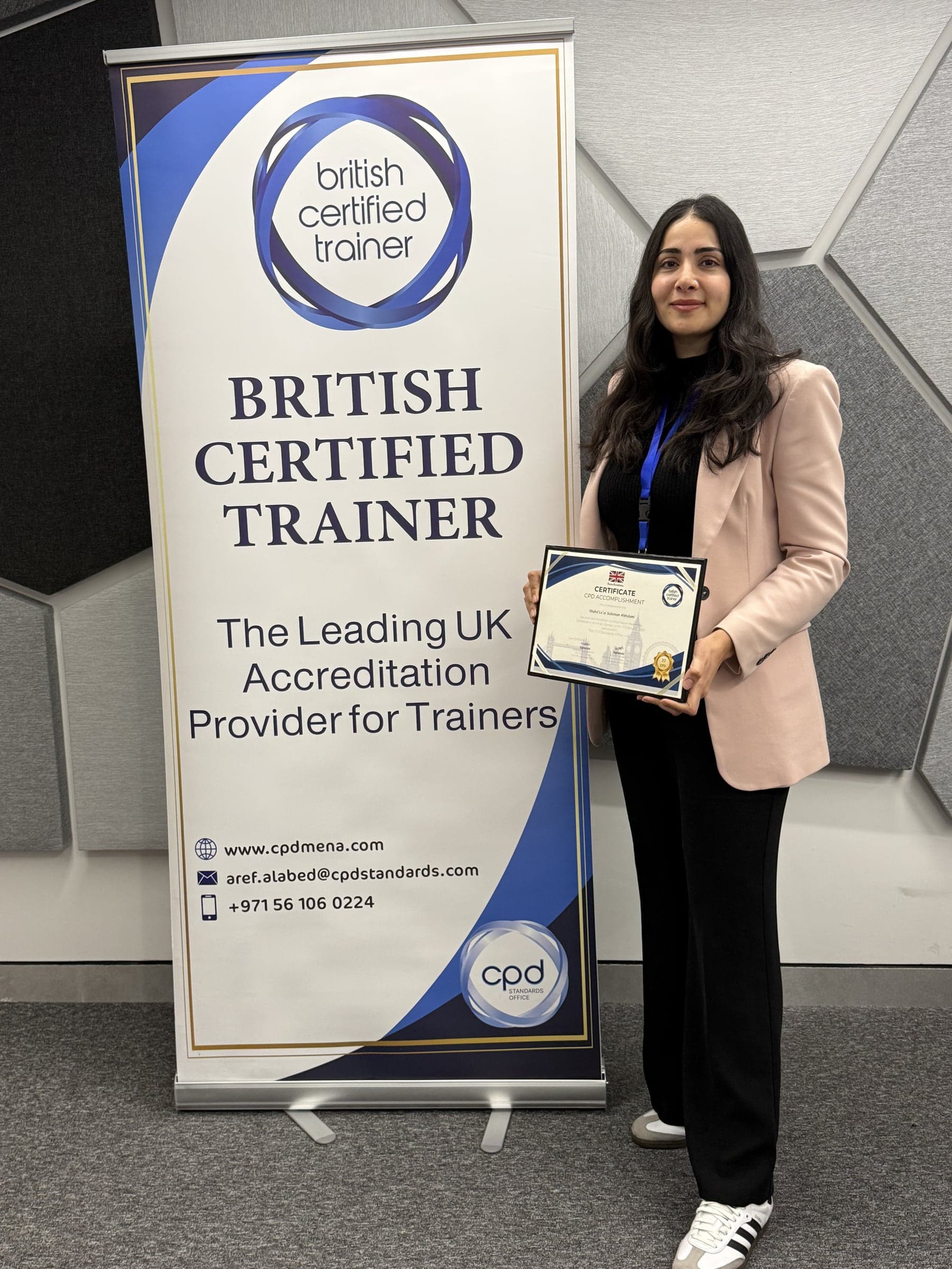 Dr. Shahd Alshalami with her British Certified Trainer certificate
